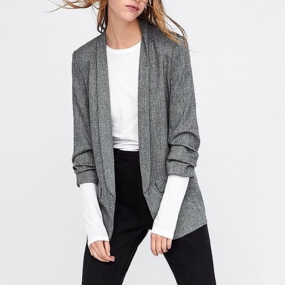 Zara Herringbone Ruched Sleeve Open Front Blazer - XS - Picture 3 of 13